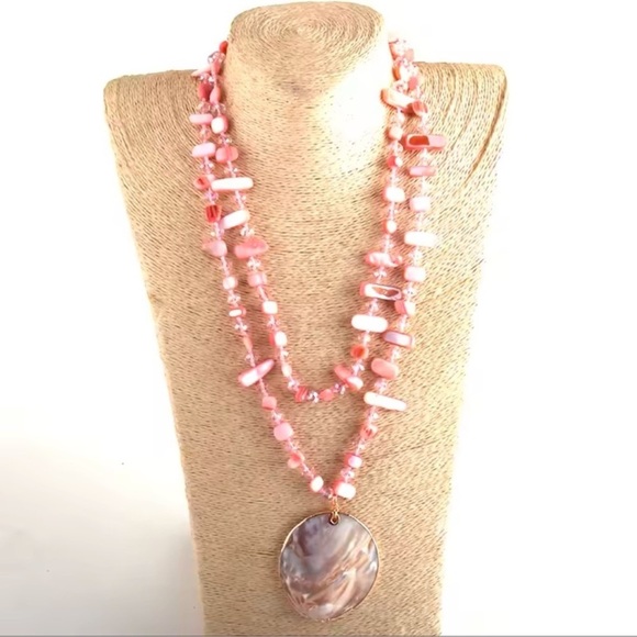 Mother Of Pearl Seashell Pink Long Necklace - Picture 1 of 4